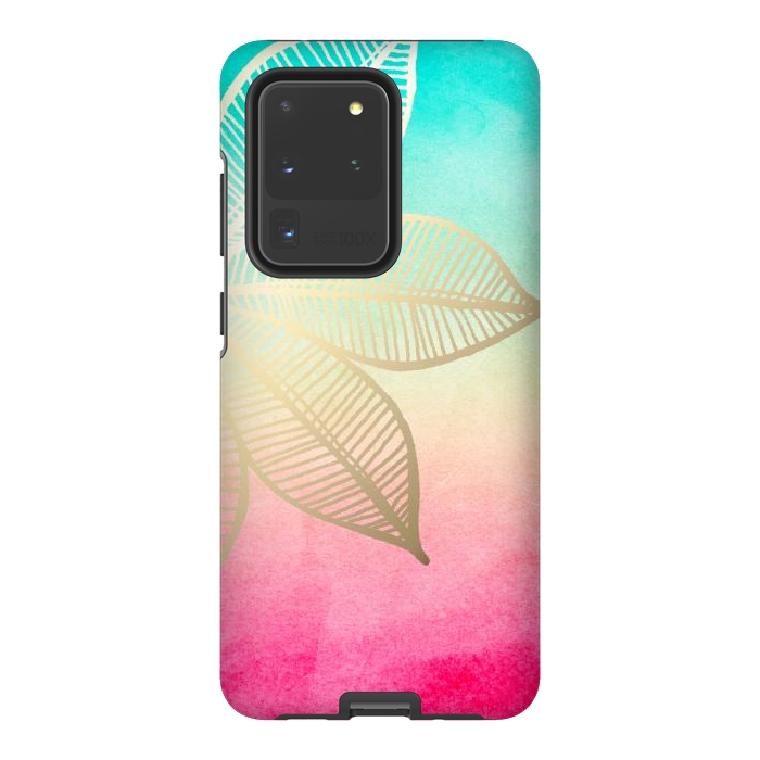Galaxy S20 Ultra StrongFit Gold Flower on Turquoise and Pink Watercolor by Tangerine-Tane