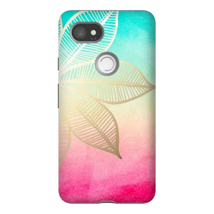 Pixel 2XL StrongFit Gold Flower on Turquoise and Pink Watercolor by Tangerine-Tane