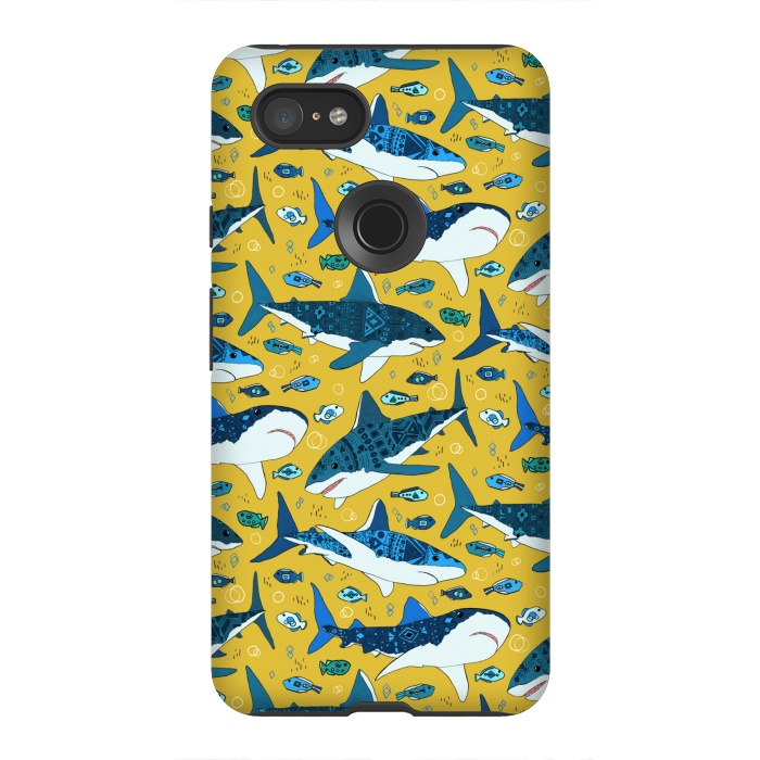 Pixel 3XL StrongFit Tribal Sharks & Fish On Mustard by Tigatiga