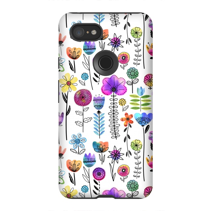 Pixel 3XL StrongFit Bright Watercolor and Line Art Flowers by Noonday Design