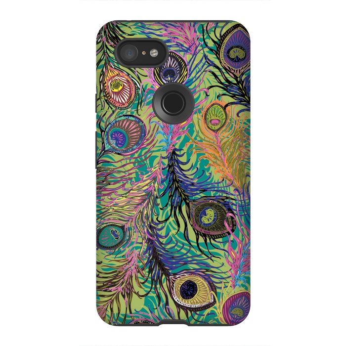 Pixel 3XL StrongFit Peacock Feathers in Lime Green & Pink by Lotti Brown