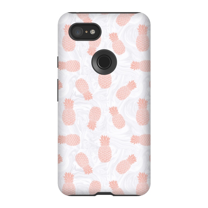 Pixel 3XL StrongFit Pink Pineapples on White Marble by Julie Erin Designs