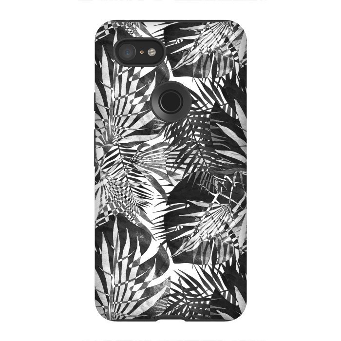 Pixel 3XL StrongFit Black and white tropical leaves illusion by Oana 