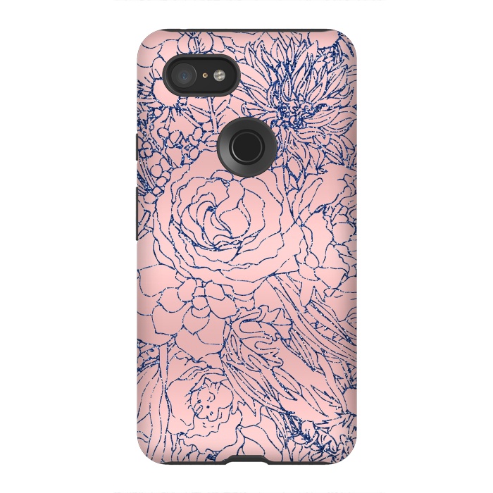 Pixel 3XL StrongFit Stylish Metallic Navy Blue and Pink Floral Design by InovArts