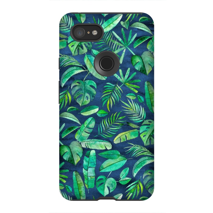Pixel 3XL StrongFit Emerald Tropical Leaf Scatter on textured Navy Blue by Micklyn Le Feuvre
