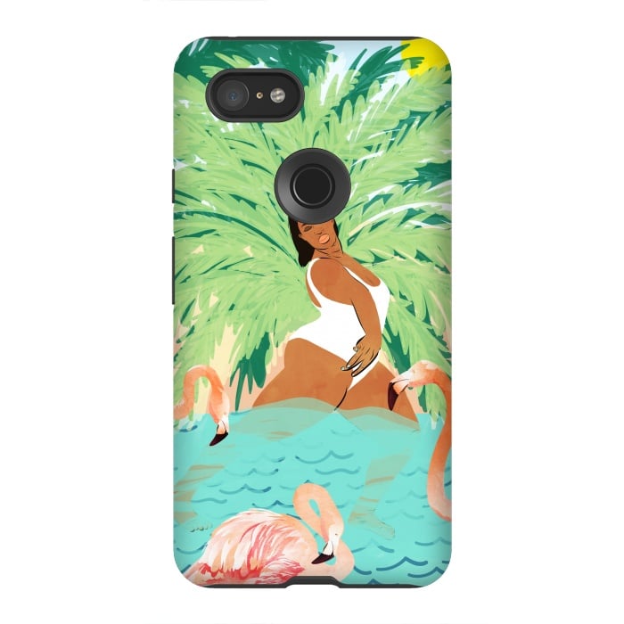 Pixel 3XL StrongFit Tropical Summer Water Yoga with Palm & Flamingos | Woman of Color Black Woman Body Positivity by Uma Prabhakar Gokhale