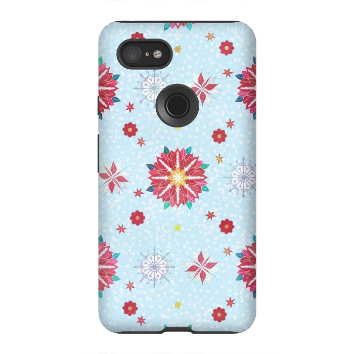 Pixel 3XL StrongFit Trendy Winter Red Poinsettias White Snowflakes Pattern by InovArts