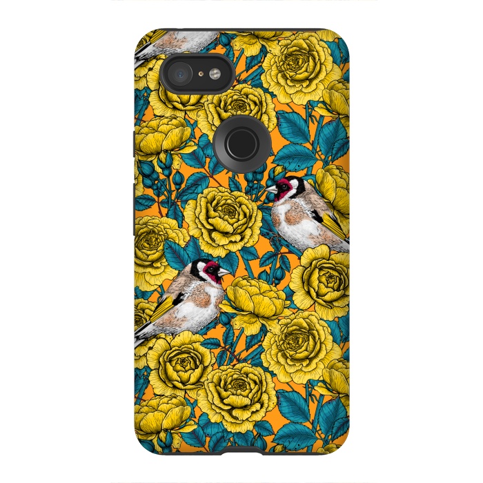 Pixel 3XL StrongFit Rose flowers and goldfinch birds by Katerina Kirilova