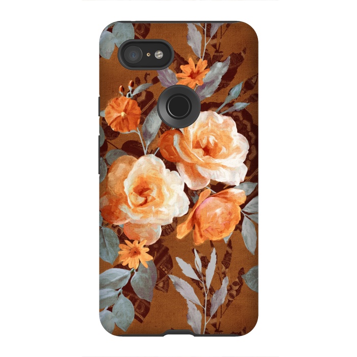Pixel 3XL StrongFit Chintz Roses on Rust Brown by Micklyn Le Feuvre
