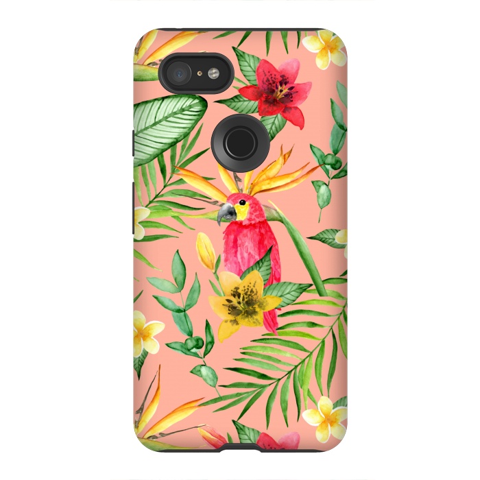 Pixel 3XL StrongFit Red parrot and tropical leaves by Julia Badeeva