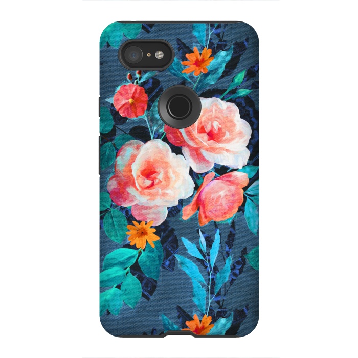 Pixel 3XL StrongFit Retro Rose Chintz in Radiant Coral on Blue by Micklyn Le Feuvre