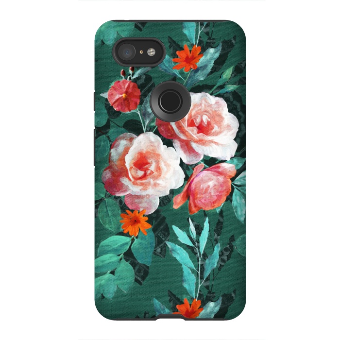 Pixel 3XL StrongFit Retro Rose Chintz in Melon Pink on Dark Emerald Green by Micklyn Le Feuvre