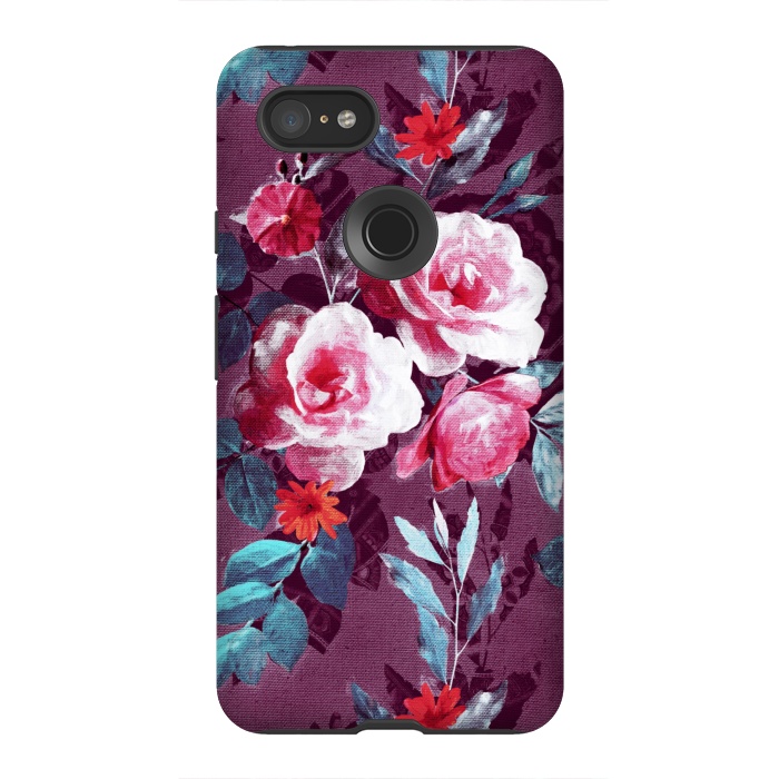 Pixel 3XL StrongFit Retro Rose Chintz in Magenta and Plum by Micklyn Le Feuvre
