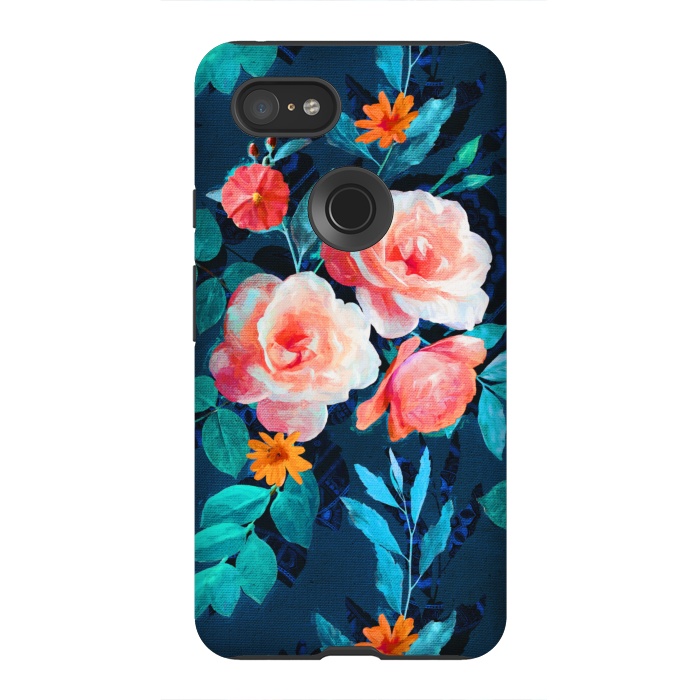 Pixel 3XL StrongFit Retro Rose Chintz in Bright Coral and Peach on Indigo Blue by Micklyn Le Feuvre