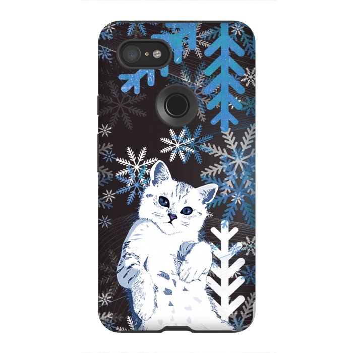 Pixel 3XL StrongFit Cute kitty with blue metallic snowflakes by Oana 