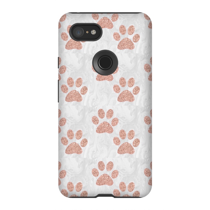 Pixel 3XL StrongFit Rose Gold Paw Prints on Marble by Julie Erin Designs