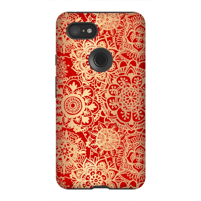 Pixel 3XL StrongFit Red and Gold Mandala Pattern by Julie Erin Designs