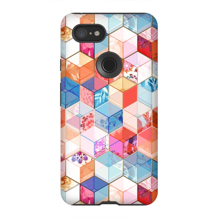 Pixel 3XL StrongFit Coral, Cream and Cobalt Kaleidoscope Cubes by Micklyn Le Feuvre