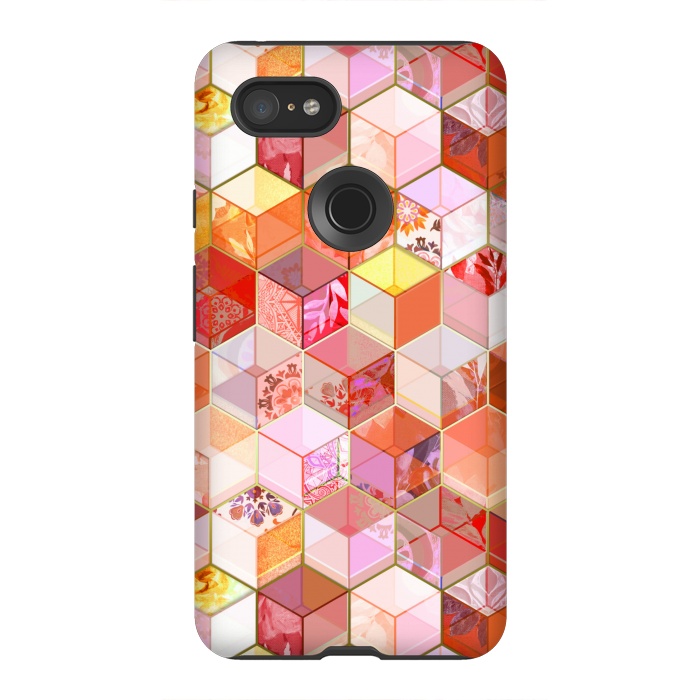 Pixel 3XL StrongFit Gold and Garnet Kaleidoscope Cubes by Micklyn Le Feuvre