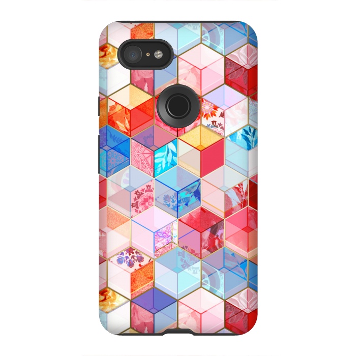Pixel 3XL StrongFit Ruby and Topaz Kaleidoscope Cubes by Micklyn Le Feuvre