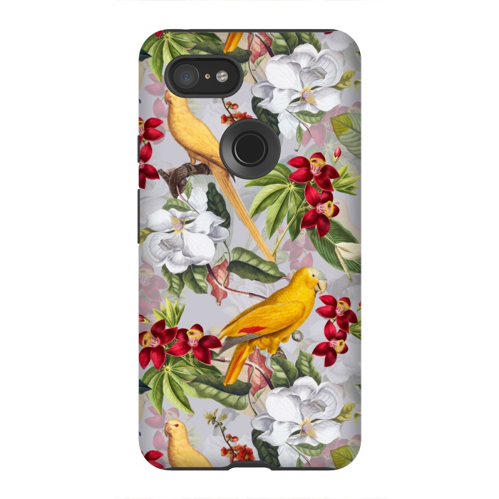 Pixel 3XL StrongFit Antique Yellow Parrots in Flower Jungle by  Utart