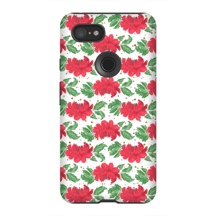 Pixel 3XL StrongFit Watercolor Winter Red Flowers Gold Dots Artwork by InovArts