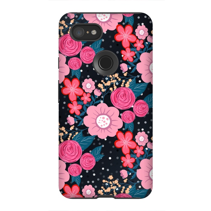 Pixel 3XL StrongFit Pretty girly pink Floral Silver Dots Gray design by InovArts