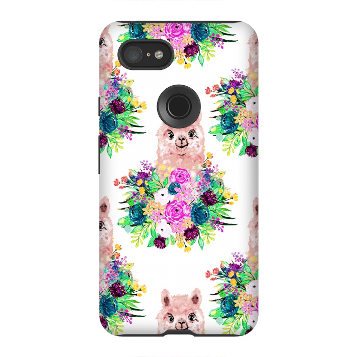 Pixel 3XL StrongFit Cute Pink Alpaca and Flowers Watercolor paint by InovArts