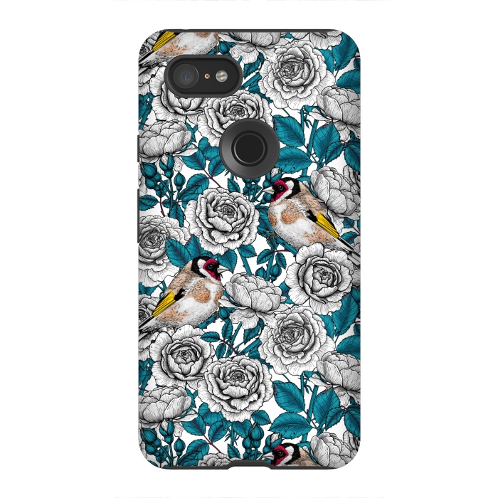 Pixel 3XL StrongFit White rose flowers and goldfinch birds by Katerina Kirilova