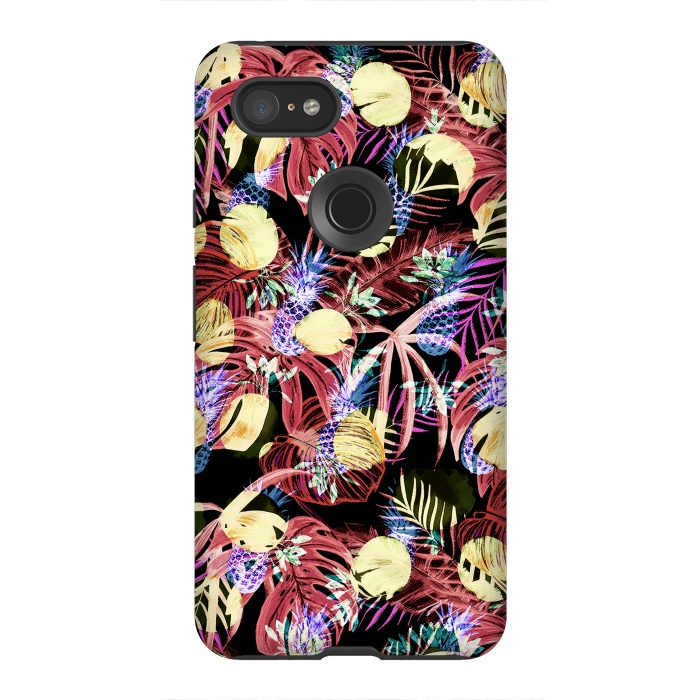 Pixel 3XL StrongFit Colourful painted tropical leaves and pineapples by Oana 
