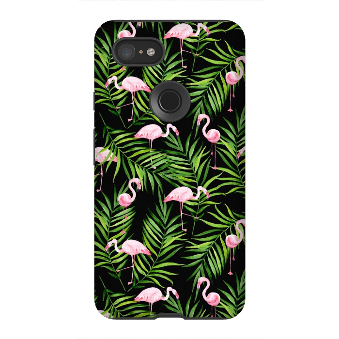 Pixel 3XL StrongFit Pink flamingo ang palm leaves by Julia Badeeva