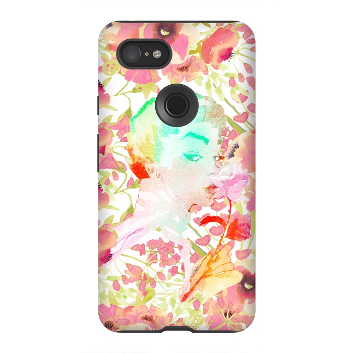 Pixel 3XL StrongFit Woman with pink roses watercolor illustration by Oana 