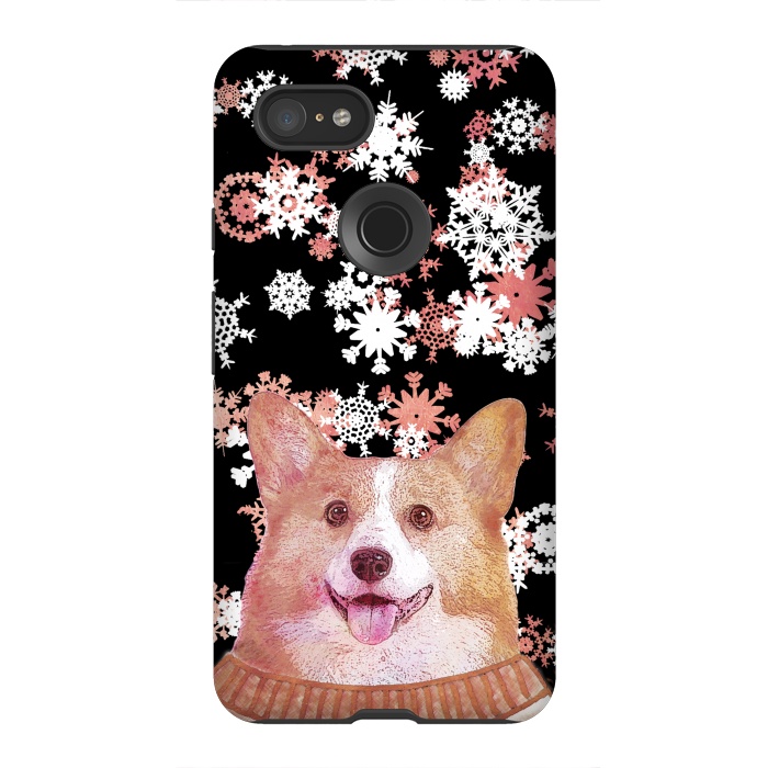 Pixel 3XL StrongFit Cute corgi and white rose gold snowflakes by Oana 