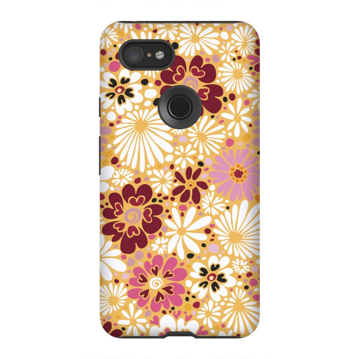 Pixel 3XL StrongFit 70s Valentine Flowers in Pink, Cream and Yellow by Paula Ohreen