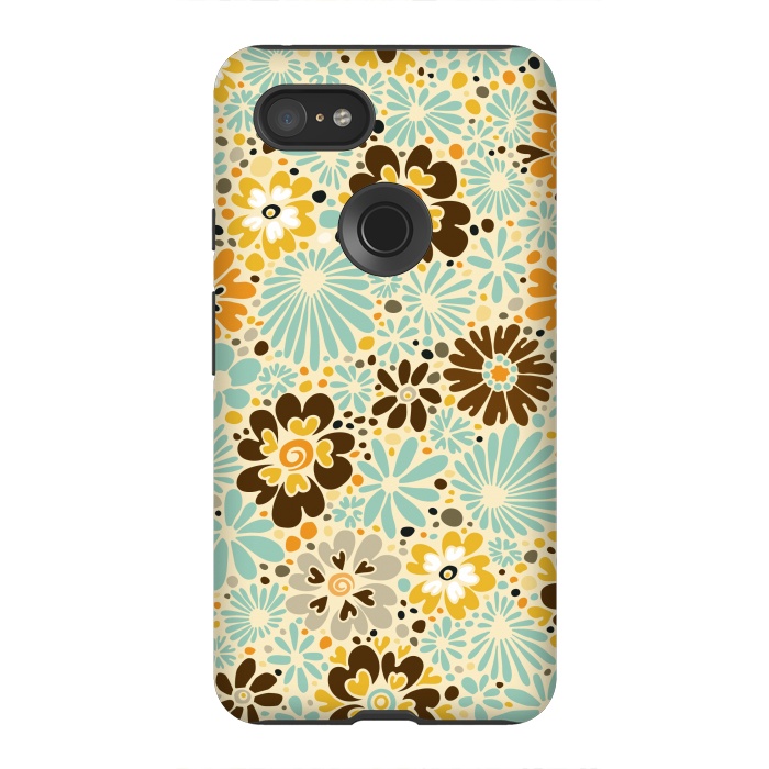 Pixel 3XL StrongFit 70s Valentine Flowers in Orange, Brown and Blue by Paula Ohreen