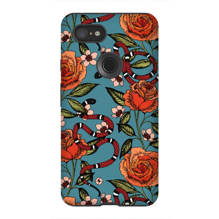 Pixel 3XL StrongFit Roses and snake. Blue pattern by Julia Badeeva