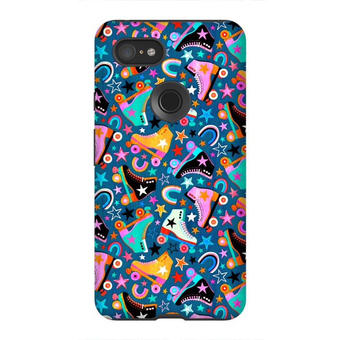 Pixel 3XL StrongFit Retro Rainbow Roller Skates and Stars by Micklyn Le Feuvre