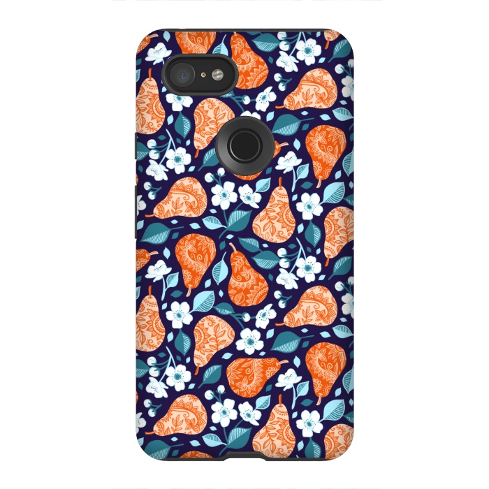 Pixel 3XL StrongFit Cheerful Pears in Orange on Navy Blue by Micklyn Le Feuvre
