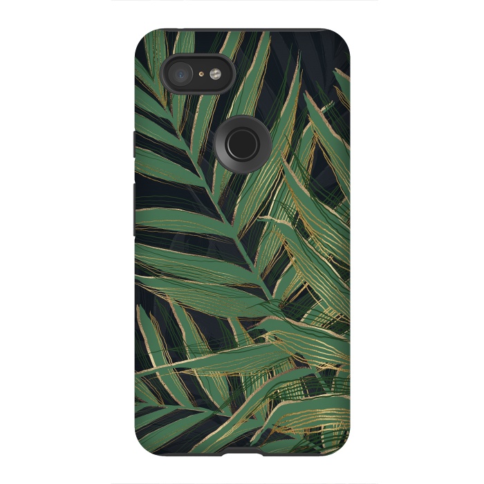 Pixel 3XL StrongFit Trendy Green Palm Leaves Gold Strokes Gray Design by InovArts