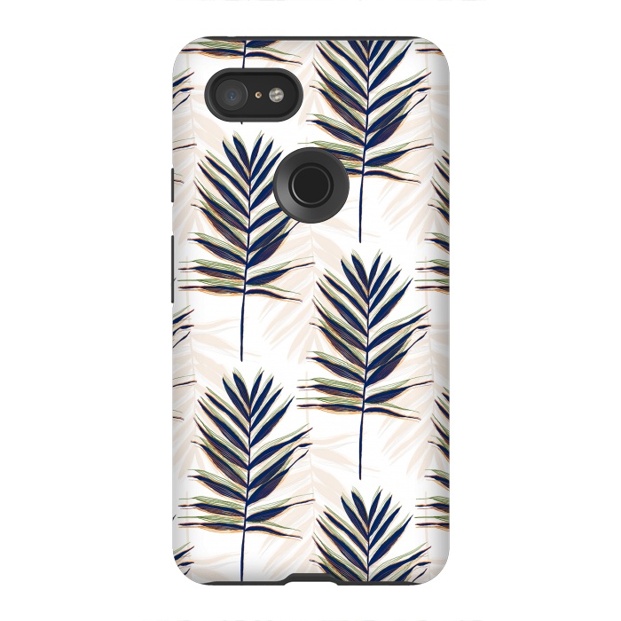 Pixel 3XL StrongFit Modern Blue Palm Leaves Gold Strokes White Design by InovArts