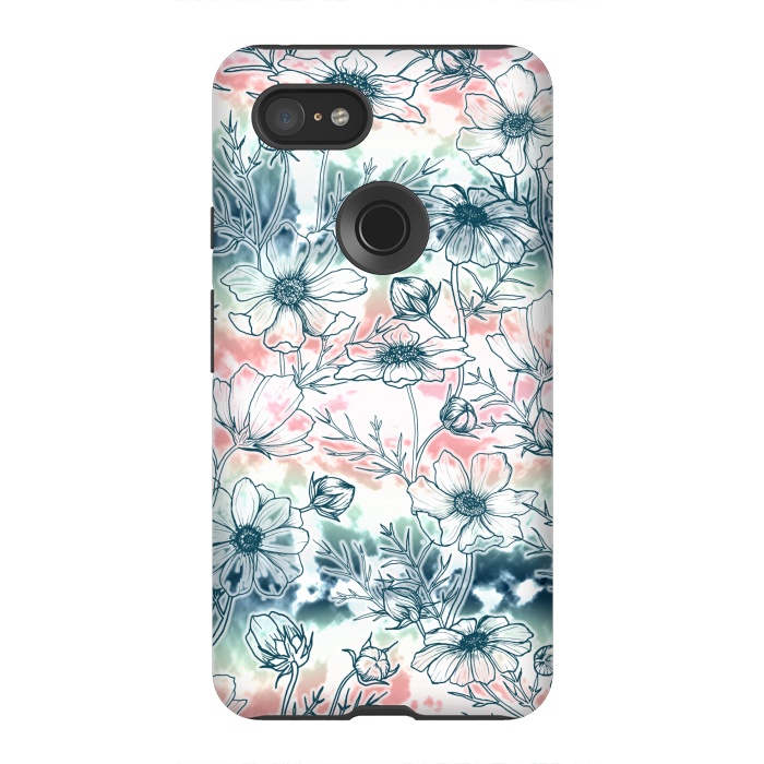 Pixel 3XL StrongFit Fields of Cosmos in Coral, Mint and Navy Tied Dye by gingerlique