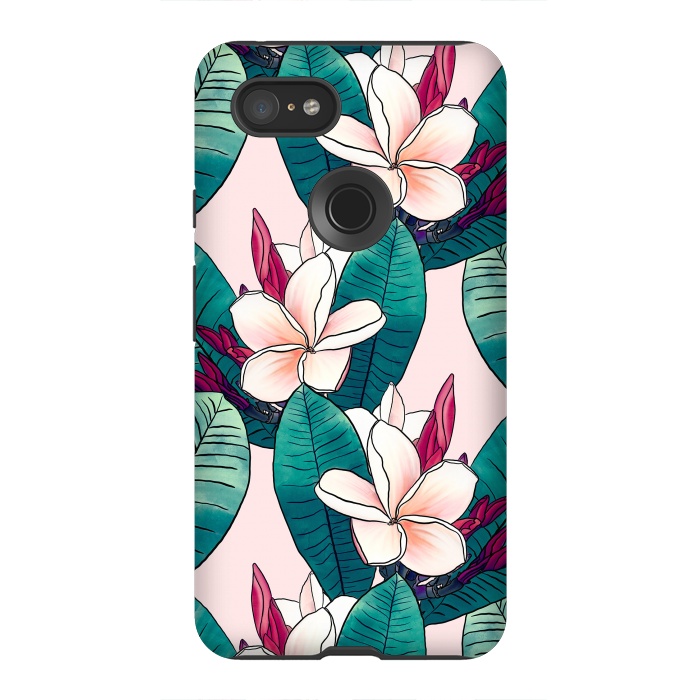 Pixel 3XL StrongFit Trendy Tropical Plumeria Flowers Green Foliage Design by InovArts