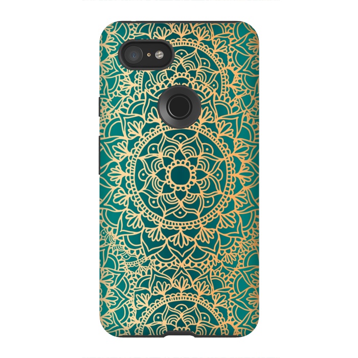 Pixel 3XL StrongFit Teal Green and Yellow Mandala Pattern by Julie Erin Designs