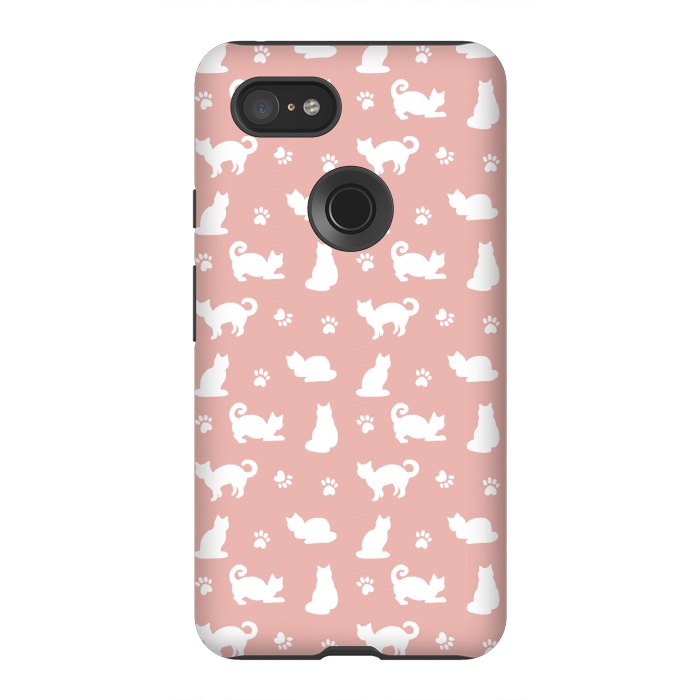 Pixel 3XL StrongFit Pink and White Cat Pattern by Julie Erin Designs