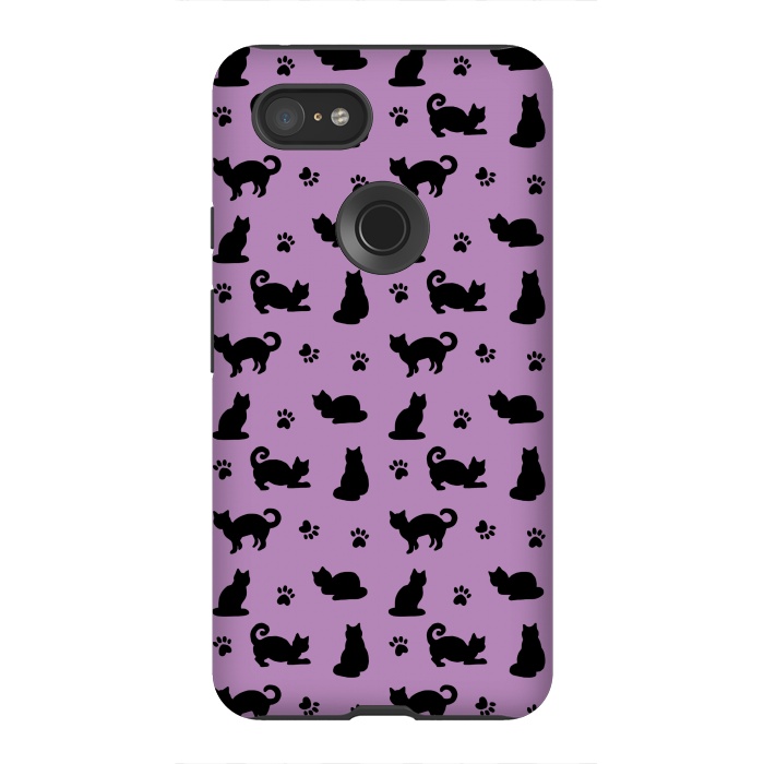 Pixel 3XL StrongFit Black and Purple Cats and Paw Prints Pattern by Julie Erin Designs