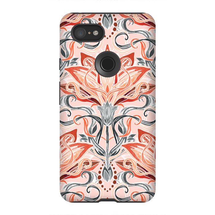 Pixel 3XL StrongFit Coral and Grey Watercolor Art Nouveau Aloe by Micklyn Le Feuvre