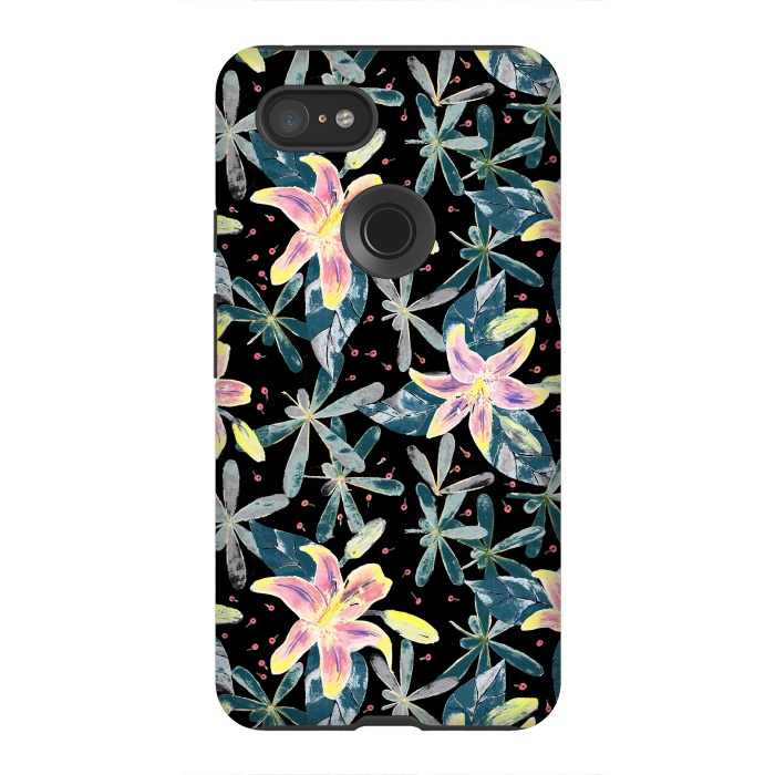Pixel 3XL StrongFit Painted flowers and tropical leaves - dark green by Oana 
