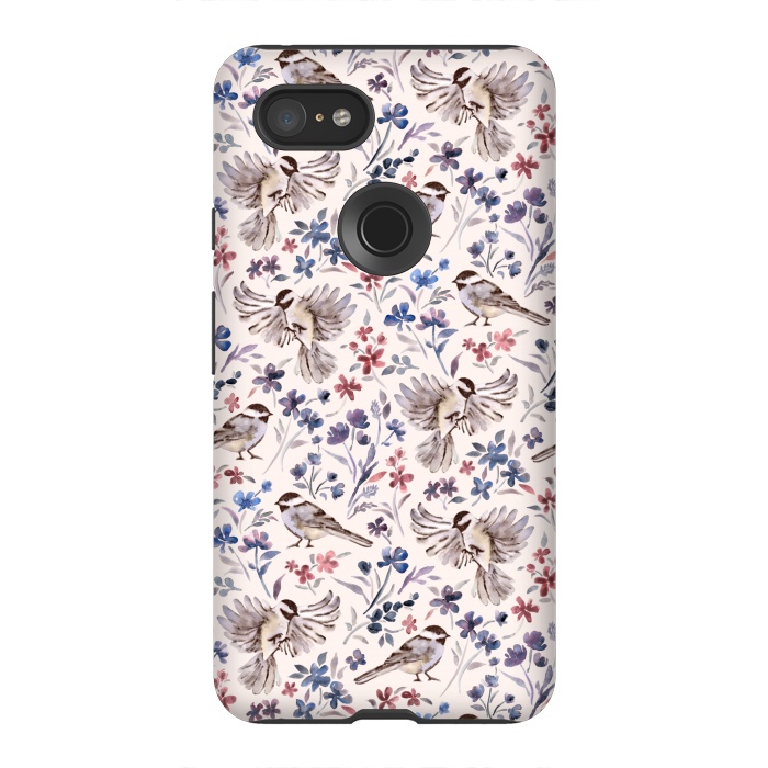 Pixel 3XL StrongFit Chickadees and Wildflowers on Cream by Micklyn Le Feuvre