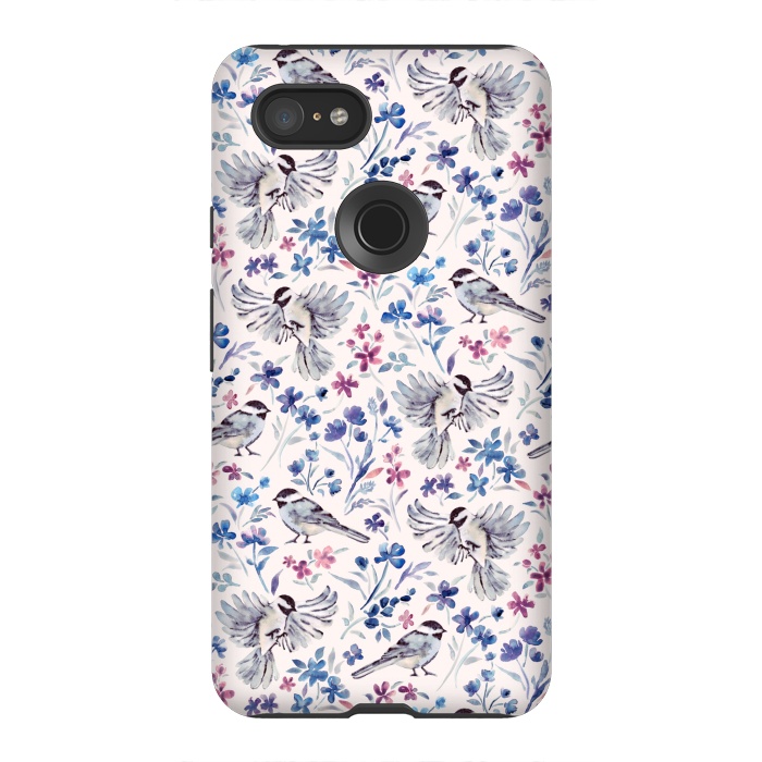Pixel 3XL StrongFit Chickadees and Wildflowers in lavender blues on cream by Micklyn Le Feuvre