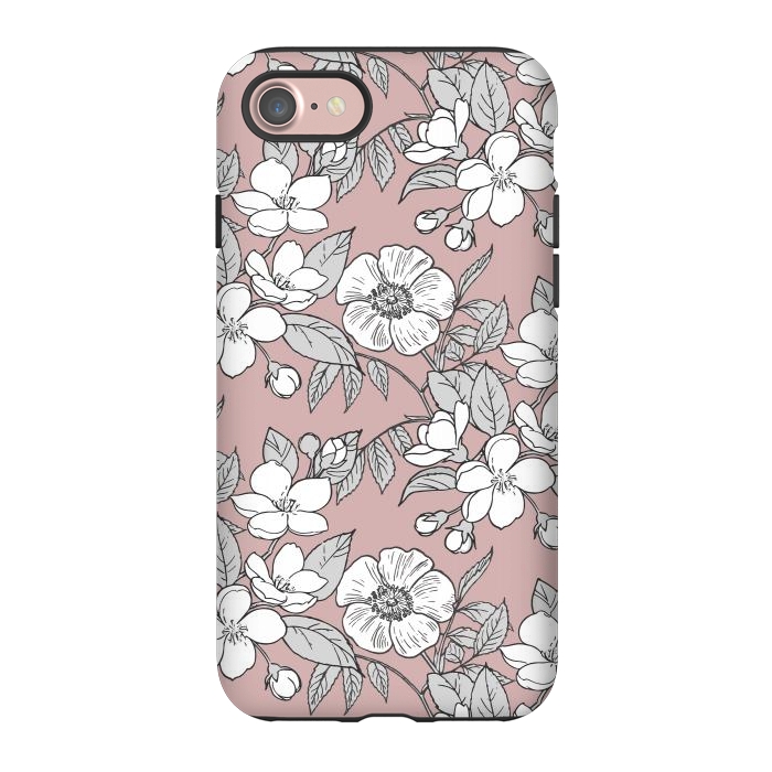 iPhone 7 StrongFit White Cherry flowers line art drawing on pink by Oana 